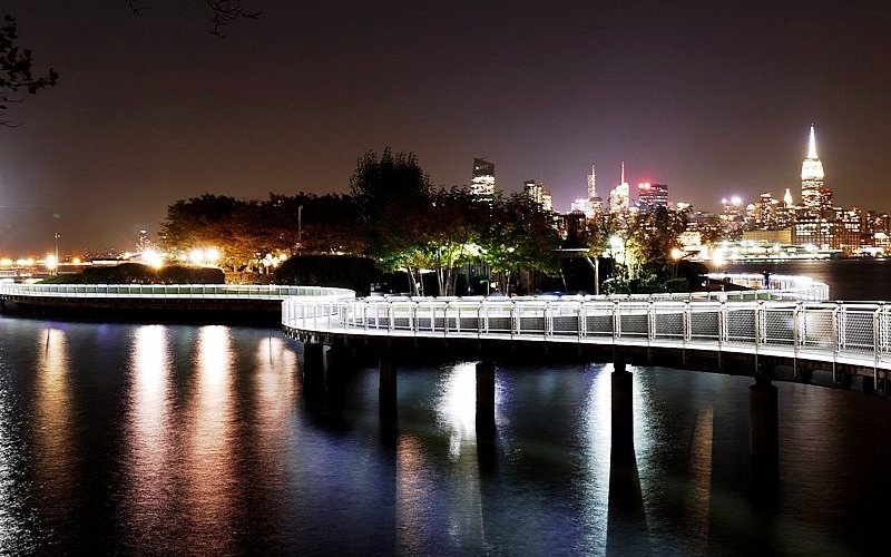 Hoboken waterfront at night with Manhattan skyline views